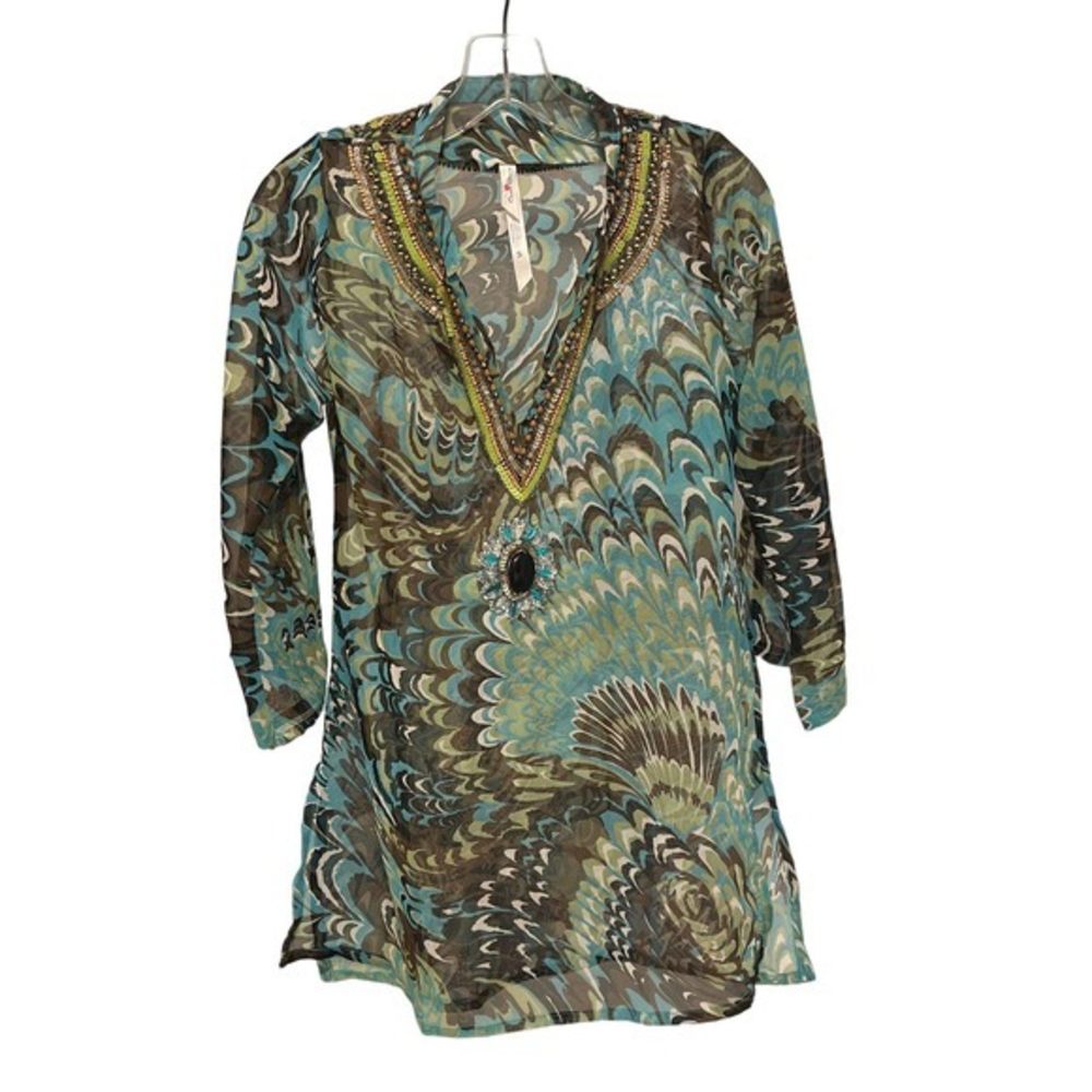 Ocean Breeze Women Teal Peacock Print Beaded Sequin Jewel V-Neck Tunic Top Small